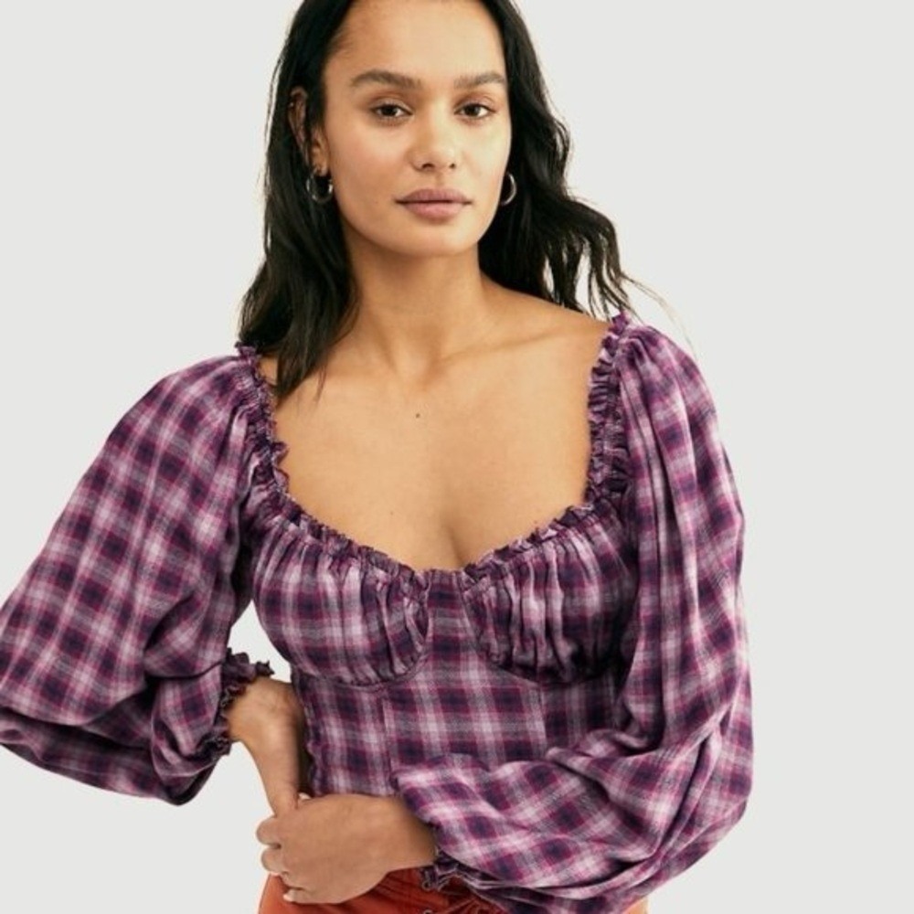 Free People Plaid Puff Sleeve Crop Top Purple Small Boho Cottagecore